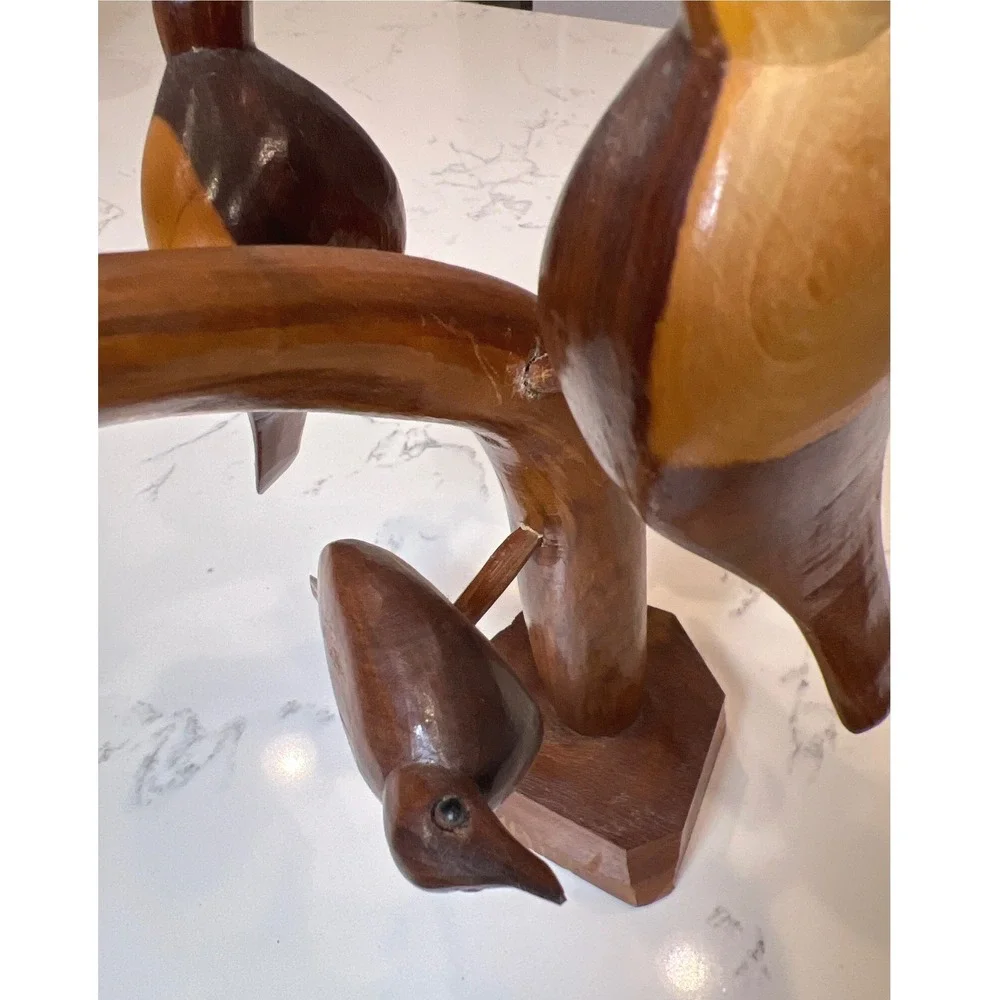 Vintage Hand Carved Wood Bird Tree Sculpture 5 Birds on Branch Folk Art MCM